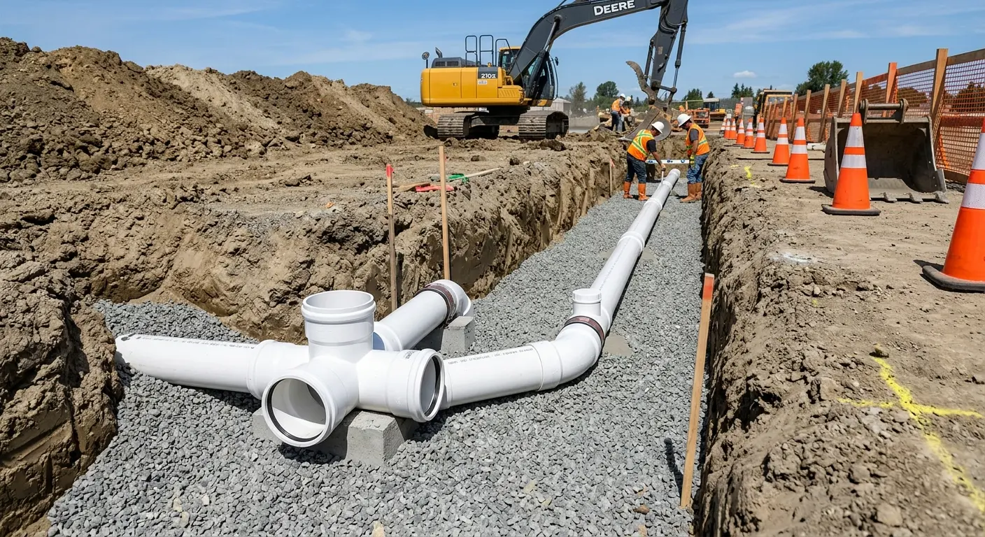 New PVC sewer pipe installation in open trench for Sewer Backup in Cimarron Hills