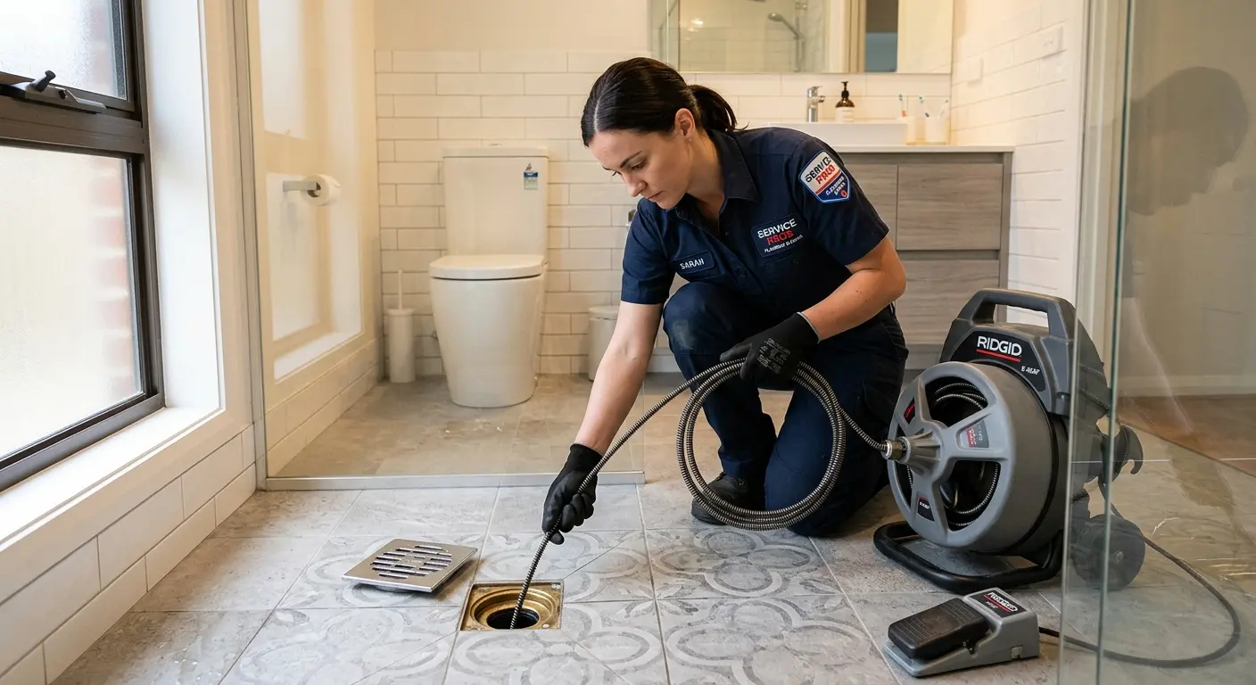 Technician clearing a bathroom floor drain for Drain Cleaning in Cimarron Hills